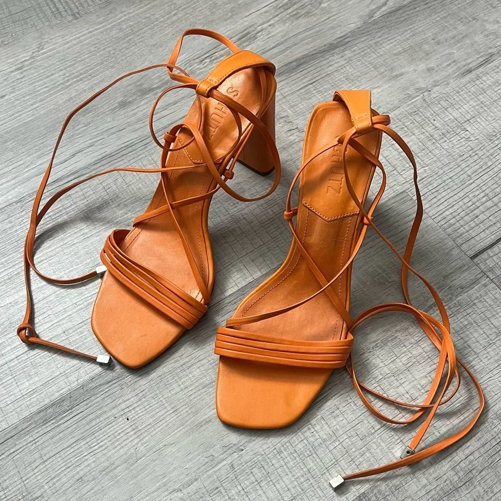 SCHUTZ Glenna Ankle Tie Sandal Bright Tangerine Orange Wrap Block Heel 8.5